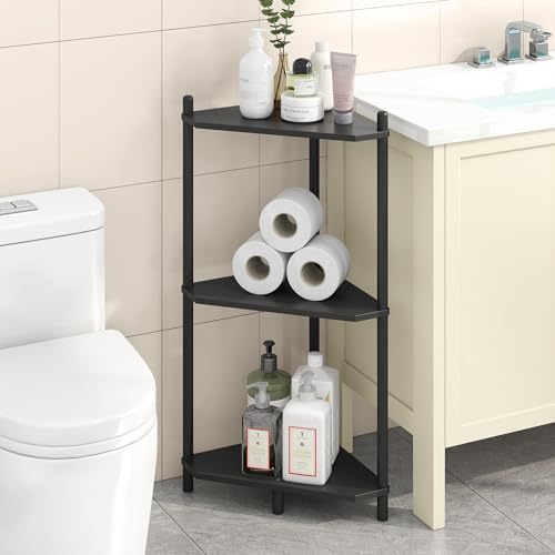 Wisuce Black Small Corner Shelf Stand, 3-Tier Bamboo Corner Bookshelf | Space-Saving Narrow Corner Shelf | Bathroom Corner Shelf | Shelves for Bedroom, Living Room, Kitchen & Plant Display - color: Black, size: 3 Tier