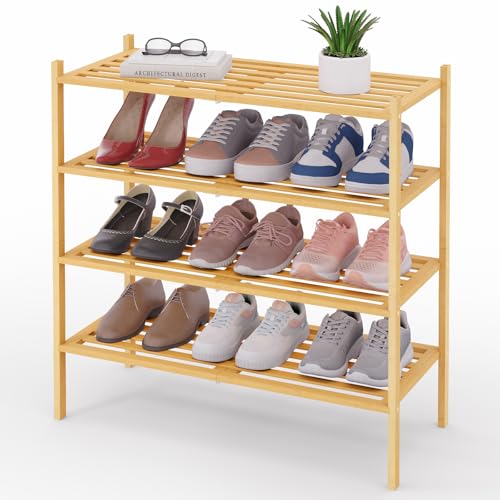 Smiry Bamboo Shoe Rack, 4 Tier Free Standing Wooden Shoe Organizer, Stackable Wood Shoe Storage Shelf for Closet, Entryway, 5 Horizontal Slats, 26.8"x11"x26", Natural - color: Natural, size: 4 Tier - 26.8" Wide