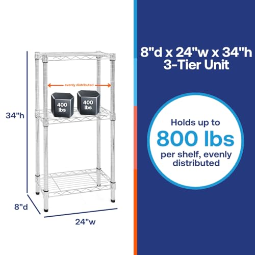 Shelving Inc. 8" d x 24" w Chrome Wire Shelving with 3 Tier Shelves, Weight Capacity 800lbs Per Shelf - size: 8" d x 24" w x 34" h
