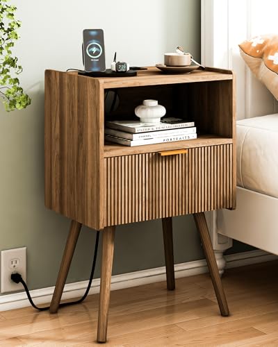 JOONEE Nightstand with Outlet,Modern Bedside Table with Storage Drawer and Open Wood Shelf, for Living Room, Bedroom and Small Spaces, Accent Night Stand with Solid Wood Legs, Easy Assembly,Brown - color: Walnut Brown-outlet
