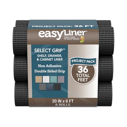 EasyLiner Select Grip Shelf Liner - Easy to Install & Cut to Fit - Non Slip, Non Adhesive, Drawer Shelf & Cabinet Liner for Kitchen, Bathroom, Pantry Cupboards, 20 in x 6 ft (6 Rolls), 36 ft, Black - color: Black, size: 20-Inch x 6 Feet (Pack of 6)