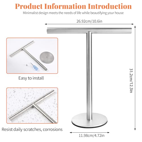 Bath Hand Towel Holder Standing, 13 Inch T-Shape Towel Bar Rack Stand, SUS304 Stainless Steel Brushed Finish,Tower Bar for Bathroom Kitchen Vanity Countertop - color: Silver