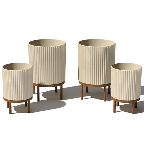 Veradek Demi Series Raised Duo Planters - Set of 2 Planters with Stands | Made From a Durable Plastic-Stone Composite & Comes With Wooden Stand. Modern Porch/Patio Décor - color: Sand/Brown, size: Bundle - 2 Pack