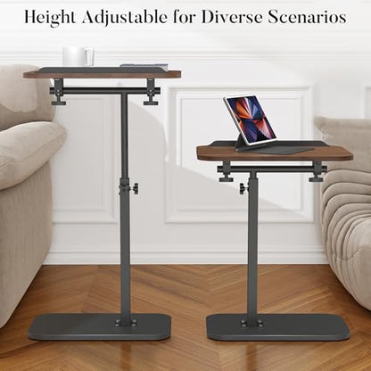 Side Table for Couch, Adjustable Height C Shaped End Table, Narrow Sofa Side Table for Living Room & Bedside, Brown Wooden Top with Black Metal Base