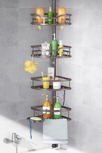 HAMITOR Corner Shower Caddy Tension Pole: Rustproof Stable 4-Tier Bathroom Organizer Shelves for Bathtub Shampoo Storage - 47-121 Inch Quick Install Adjustable Standing Rack with Soap Rack - Bronze - color: C-Bronze