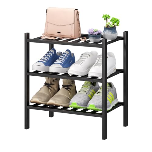 viewcare Small Shoe Rack for Entryway,3-Tier Black Bamboo Shoe Organizer for Hallway Closet, Free Standing Shoe Racks for Indoor Outdoor - color: Black, size: 3-Tier_Samll