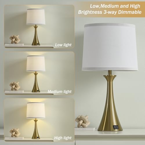 Touch Lamp for Living Room Bedroom, 21" Table Lamps Set of 2 with USB C+A Ports and White Lamp Shades, 3 Way Dimmable Gold Touch Bedside Lamps for Nightstand, 2 LED Bulbs Included - color: Gold & White Shade