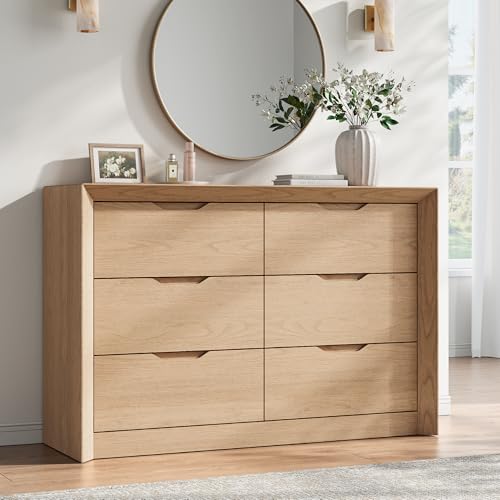 YANSNWO Natural Oak 6 Drawer Dresser for Bedroom, 47.2" Wide Dressers & Chest of Drawers with Unique Panel & Thickened Frame, Mid Century Modern Dresser with Handless Design for Living Room, Hallway - color: Natural Oak, size: 15.6"D x 47.2"W x 31.5"H (6