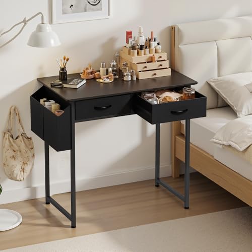 OLIXIS 32 Inch Small Desk, Gaming Computer Desk, Side Bag | Fabric Drawers, Headphone Hook, Home Office, Work Table, Writing Study, Bedroom, Black - color: Black, size: 32 in