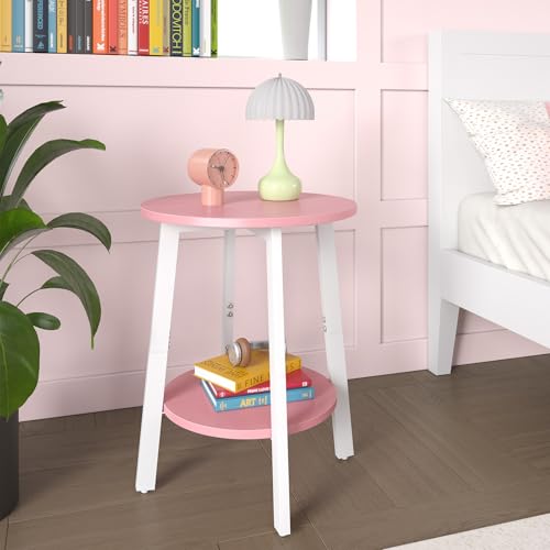 sthmec Side Table, Small Round End Table with Storage Shelf for Small Space, 2-Tier Bedside Table Sofa Couch Table, Round Accent Table Nighstands for Living Room, Bedroom, Pink - color: Pink