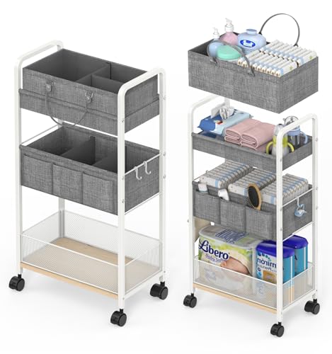2In1 Baby Diaper Caddy & 3-Tier Rolling Diaper Cart, Diaper Caddy Organizer Cart with Dividers, Metal Detachable Bedside Cart for Baby Nursery Essentials, Large Capacity, Easy to Assemble, White - color: White, size: 3-Tier
