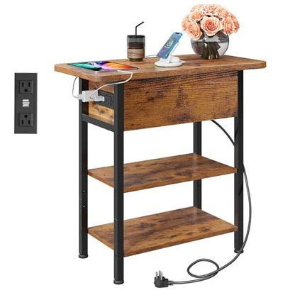 WLIVE 3-Tier End Table with Charging Station, Flip Top Narrow Side Table with Storage Shelf, Small Nightstand with USB Ports and Outlets,Bedside Table for Living Room, Bedroom - color: Rustic Brown