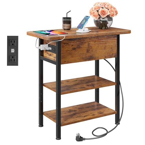 WLIVE 3-Tier End Table with Charging Station, Flip Top Narrow Side Table with Storage Shelf, Small Nightstand with USB Ports and Outlets,Bedside Table for Living Room, Bedroom - color: Rustic Brown