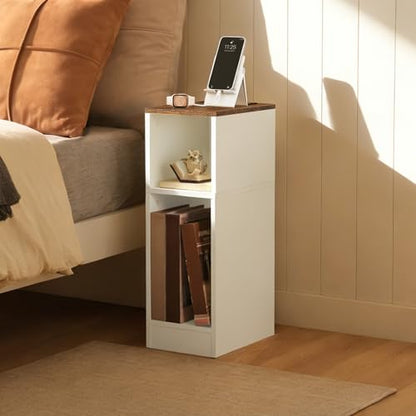 MAHANCRIS Narrow Nightstand, Narrow End Table with Charging Station, Skinny Bedside Table for Small Spaces, Mid Century Modern Night Stand for Bedroom, Living Roon, Rustic Brown and White ETBR30E01 - color: Rustic Brown and White