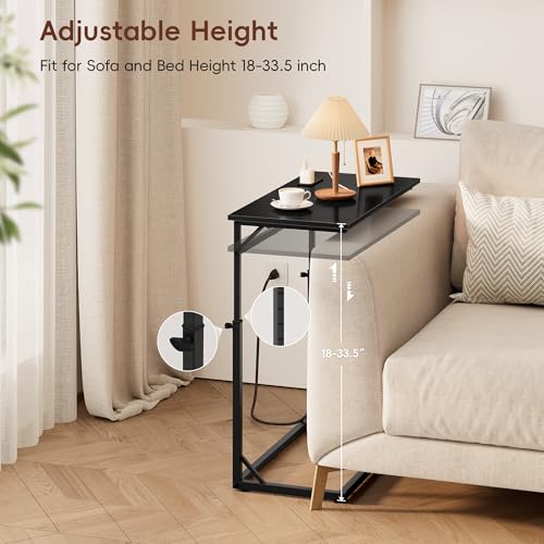 Vagusicc C Shaped End Table with Charging Station, C-Table End Table Adjustable Height Side Table for Couch, Large Couch Tables,Slide Under Sofa Tables TV Tray Arm Tables for Living Room,Bedroom,Black - color: Black, style: With Plug