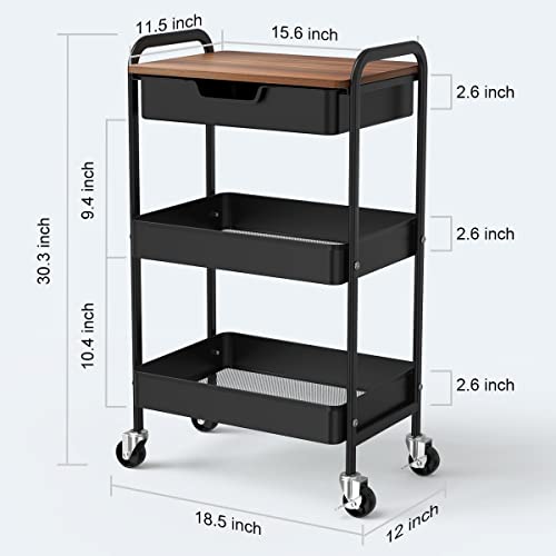 3 Tier Rolling Cart with Drawer, Metal Utility Cart with Table Top | Storage Cart with Locking Wheels, Kitchen Cart Art Cart Organizer for Bathroom, Office, Balcony, Living Room, Classroom - color: Black