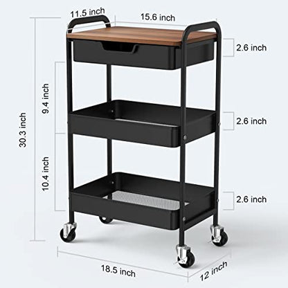 3 Tier Rolling Cart with Drawer, Metal Utility Cart with Table Top | Storage Cart with Locking Wheels, Kitchen Cart Art Cart Organizer for Bathroom, Office, Balcony, Living Room, Classroom - color: Black