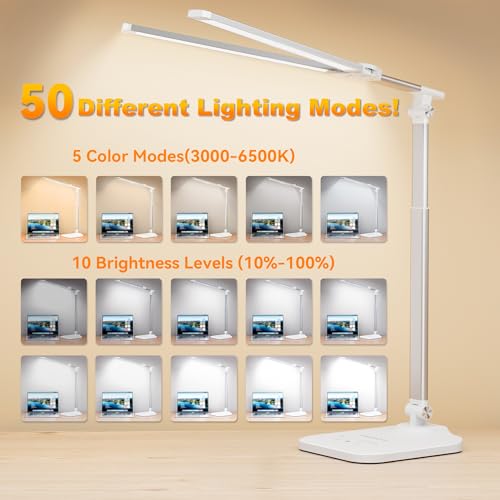 LED Desk Lamp for Office Home, Height Adjustable Architect Desk Light with USB Adapter, Stepless Dimming 50 Lighting Modes, Eye Caring Double Head Computer Desk Lamp for Reading, Study, Workbench - color: White