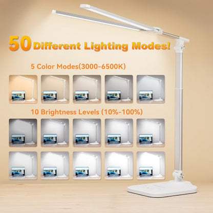 LED Desk Lamp for Office Home, Height Adjustable Architect Desk Light with USB Adapter, Stepless Dimming 50 Lighting Modes, Eye Caring Double Head Computer Desk Lamp for Reading, Study, Workbench - color: White