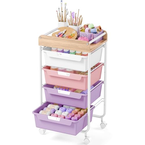 SYKIARIOL Rolling Storage Utility Cart with 4 Drawers,Kids Craft Art Cart,Makeup Organizer and Storage with Wooden Tabletop,Purple - color: Dreamy Color, size: 4-Drawers