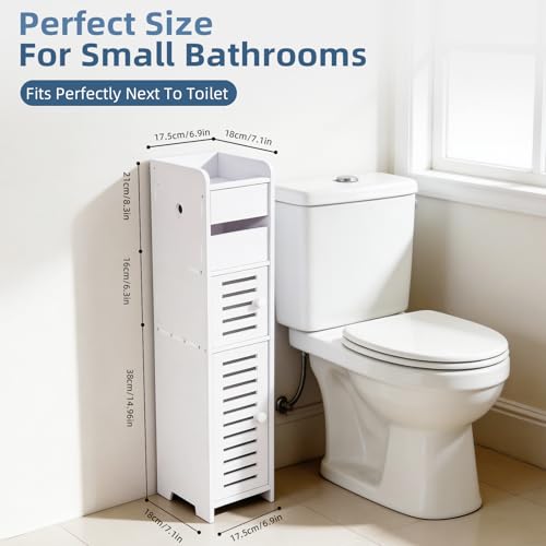 BorealBear Slim Bathroom Storage Cabinet with Toilet Paper Holder, Narrow Bathroom Cabinet for Small Spaces, Freestanding Organizer with Door & Shelves, Space Saving White Bathroom Cabinet