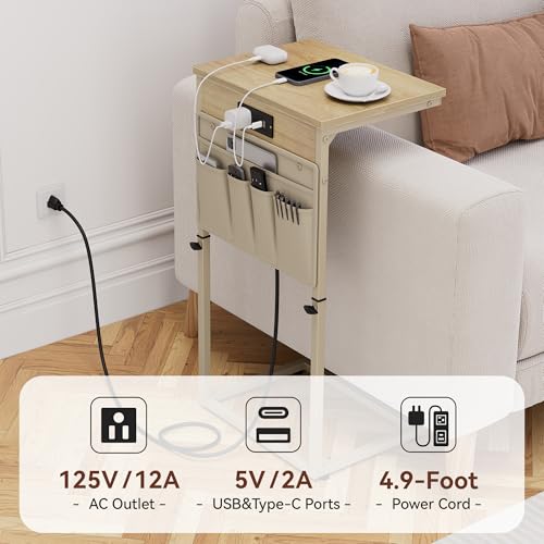 Vagusicc C-Shaped End Table with Charging Station, Small Side Table for Couch, 33" Tall C Table Adjustable Height Side Table, Couch Tables that Slide Under, Sofa Table TV Tray for Living Room, Natural - color: 1pc Natural Walnut