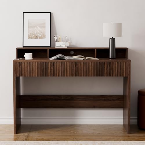 47" Executive Desk with Fluted Drawer, Modern Home Office Desk with Long Monitor Stand and 2 Drawers, Computer Writing Desk for Study Office Vanity, Brown - color: Brown, size: 46.6"W x 14.7"D x 34.3"H