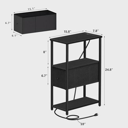 TUTOTAK Small Narrow End Table with Charging Station, Set of 2, Side Table with Outlets, Nightstand with Cloth Drawer, Couch Table, for Living Room, Bedroom, Bedside, Black TB01BK058 - color: Black, style: 1 Drawer & Plug