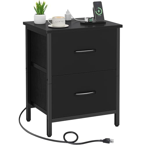 Vagusicc Nightstand with Charging Station, Bedside Table with USB Ports and Outlet, End Table Side Table with 2 Fabric Drawers for Bedroom, Living Room, Black - color: Black (1 Pack)