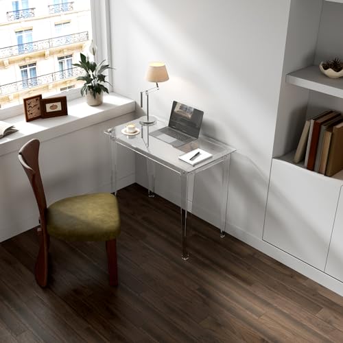 HMYHUM Small Acrylic Computer Desk, 35.4 Inch, Clear Study Desk for Home Office, Writing, Vanity, Modern, Easy Assembly, 19.7"" W x 29.5"" H, Right-Angle Legs Design, 01011