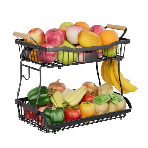 Simple Trending Fruit Basket 2-Tier Detachable, with Banana Hangers & Rust-Proof Metal Mesh, Ventilated Kitchen Organizer for Countertop, Perfect for Fruits, Vegetables, Snacks Storage - style: Fruit Bowl Black-Hanger
