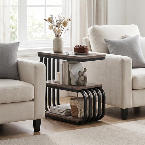 Tribesigns Small Narrow End Table with Storage Shelf, Industrial Side Tables with Curved Metal Frame, 3-Tier Accent Table and Nightstand for Living Room, Bedroom, Small Space (1, Grey) - color: Grey