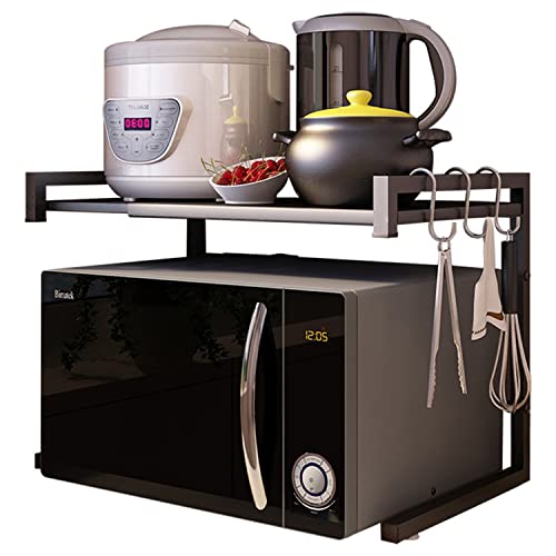 PUSDON Adjustable Carbon Steel Microwave Oven Rack, 2-Tier with 3 Hooks, 55lbs Weight Capacity, Black - color: Matte Black, size: C-frame 2 tier