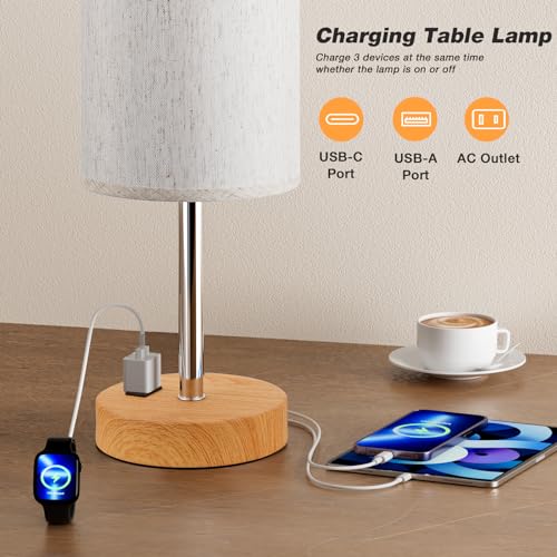 Touch Table Lamp - Cream, 3-Way Dimmable, USB A + C Charging, AC Outlet, 17.4inch Medium, Wood Grain Base - color: Cream Shade-Wood Base, size: 17.4" Touch Control