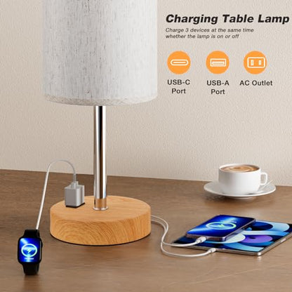 Touch Table Lamp - Cream, 3-Way Dimmable, USB A + C Charging, AC Outlet, 17.4inch Medium, Wood Grain Base - color: Cream Shade-Wood Base, size: 17.4" Touch Control