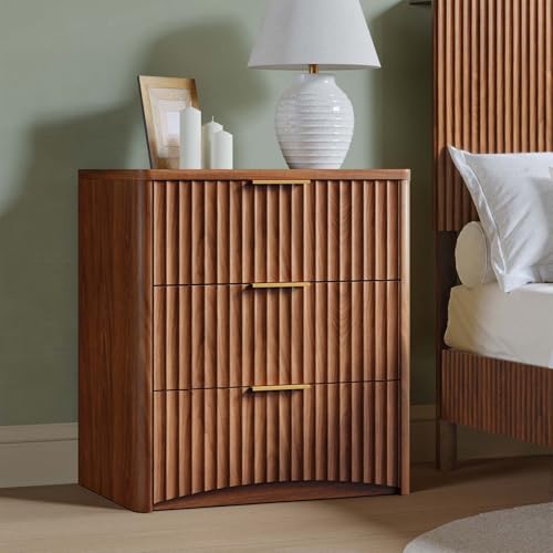 Evermagin Fluted Nightstand, Walnut Bedside Table with 3 Drawers, Wood End Table with Storage Mid Century Modern, Large Night Stand for Bedroom - color: Walnut, size: 3 Drawers (Without Charging Station)