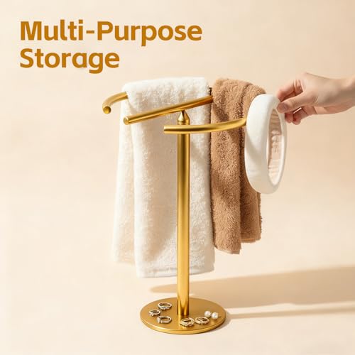 Stainless Steel Brushed Gold Hand Towel Stand, 13 Inch | Freestanding Countertop, For Bathroom Vanity Kitchen, Holds 2 Towels, Rust-Resistant, Easy Install - color: Brushed Gold