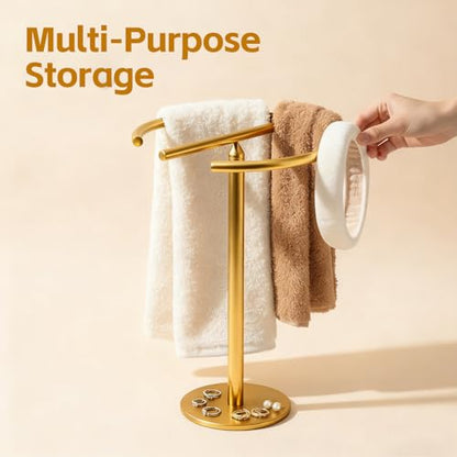 Stainless Steel Brushed Gold Hand Towel Stand, 13 Inch | Freestanding Countertop, For Bathroom Vanity Kitchen, Holds 2 Towels, Rust-Resistant, Easy Install - color: Brushed Gold