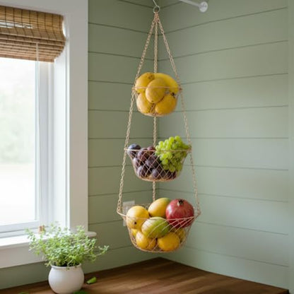 Hanging Fruit Basket – 3 Tier Hanging Baskets for Kitchen – Heavy Duty Wire Fruit and Vegetable Basket with Hooks, Copper Finish 32 Inches Kitchen Organizer, Storage Rack, Durable Iron
