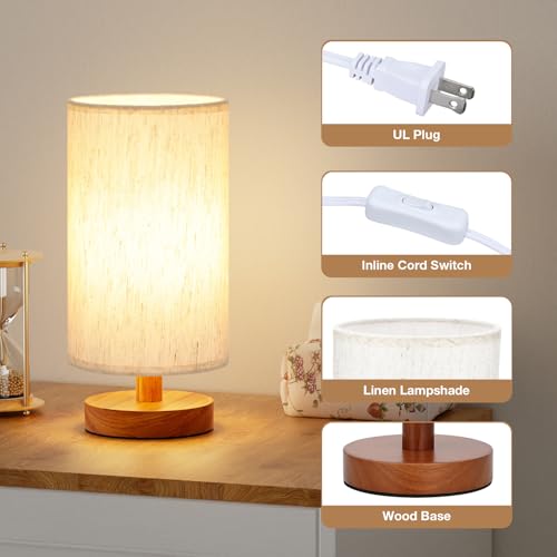 Fenmzee Small Lamps Set of 2 - Inline Control, Bedside Table Lamp for Bedroom with 3000K A15 LED Blub, Easy Assembly (Cream Shade - Walnut Base Set of 2, 9" Inline Control) - color: Cream Shade - Walnut Base set of 2