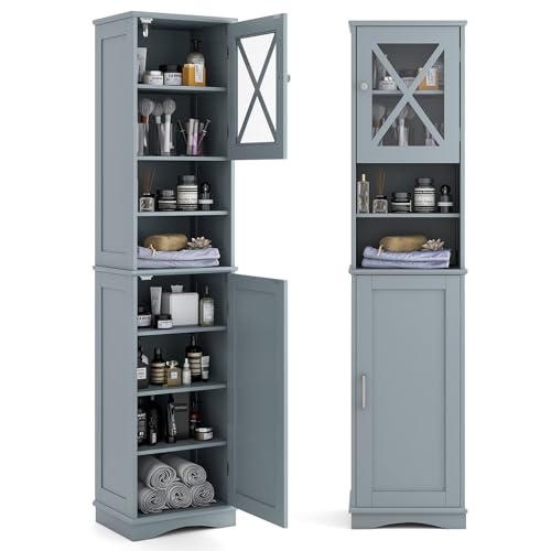 Tangkula 67" H Tall Bathroom Cabinet, Modern Kitchen Cupboard Pantry with Acrylic Doors & Open Shelves, Adjustable Shelves, Narrow Floor Cabinet for Bathroom, Living Room (15.5 x 12 x 67 Inch,Grey) - color: Grey, size: 15.5 x 12 x 67 Inch