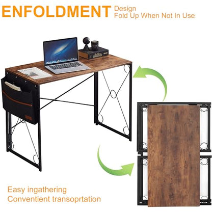 VECELO 39 Inch Folding Desk Simple Assembly, Writing Computer Desk for Home Office Study Office Foldable Table for Small Spaces,Classic Brown,2 Set