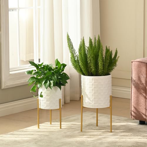 Modern Planter Pots, Set of 2 White Planters with Stand, Decorative Planters, Metal Pots with Drainage Holes for Living Room, Office, Garden - color: White