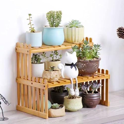 GURECOD 22.8" 2 Tiers Bamboo Plant Stand Shelf,Desk Flower Pot Holder,Adjustable Desktop Shelf Display Organizer Ladder Rack for Office Decorate Desk Shelving Storage Rack,Kitchen Rack (22.8" Length) - size: 22.8" Length