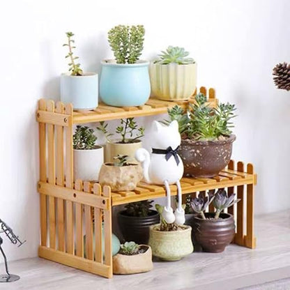 GURECOD 22.8" 2 Tiers Bamboo Plant Stand Shelf,Desk Flower Pot Holder,Adjustable Desktop Shelf Display Organizer Ladder Rack for Office Decorate Desk Shelving Storage Rack,Kitchen Rack (22.8" Length) - size: 22.8" Length