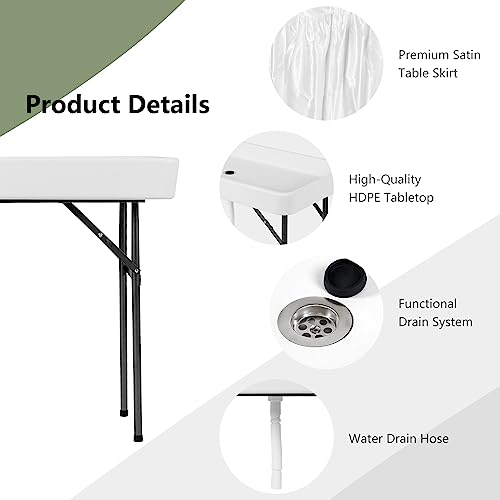 COSTWAY 4FT Cooler Table, Folding Ice Table for Parties with Drain & Bucket & Removable Skirt, Ideal for Tailgate, BBQ & Picnic - size: 48" x 24"