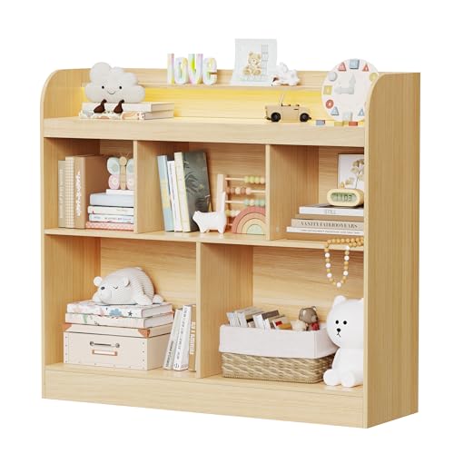Lkeiyay Kids Bookshelf with LED Lights, Montessori Storage Unit, Natural | Freestanding open cubby kids bookcase with LED light, rounded safety edges, perfect for kids bedroom, playroom & nursery - color: Natural Wood