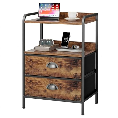 Night Stand, End Table with 2 Drawers Nightstand for Bedroom, Small Fabric Dresser Organizer, Bedisde Table Side Table with Open Storage Shelf, Rustic Brown - color: Brown(2drawer), size: Set of 1