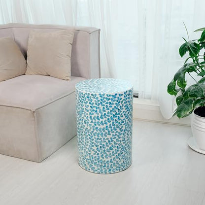 PEMAR Mother of Pearl Inlaid Cylinder Drum End Table Nacre Capiz Shell Side Table Stool Drum Accent Table Coffee Bedside Side Table Round Nightstand and Vanity Stool (Teal Floral) - color: Teal Floral