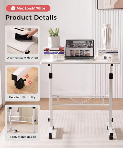 KLSMYHOKI Standing Desk Adjustable Height, Mobile Stand Up Desk with Wheels Small Computer Desk Rolling Desk, Portable Laptop Desk White Standing Table Home Office Desks 16"x31.5" Height 27"-43.5" | Small Computer Desk Rolling Desk, Portable Laptop Desk W
